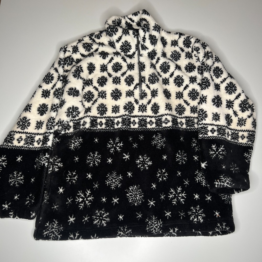 Vtg Tsunami Fleece‎ Pullover Snowflake Black White Made in Canada Men M
